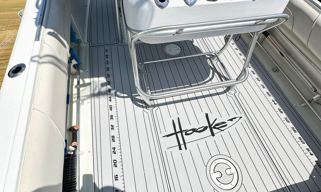 Custom AquaGrip EVA foam decking installed on a center console with a built-in fish ruler
