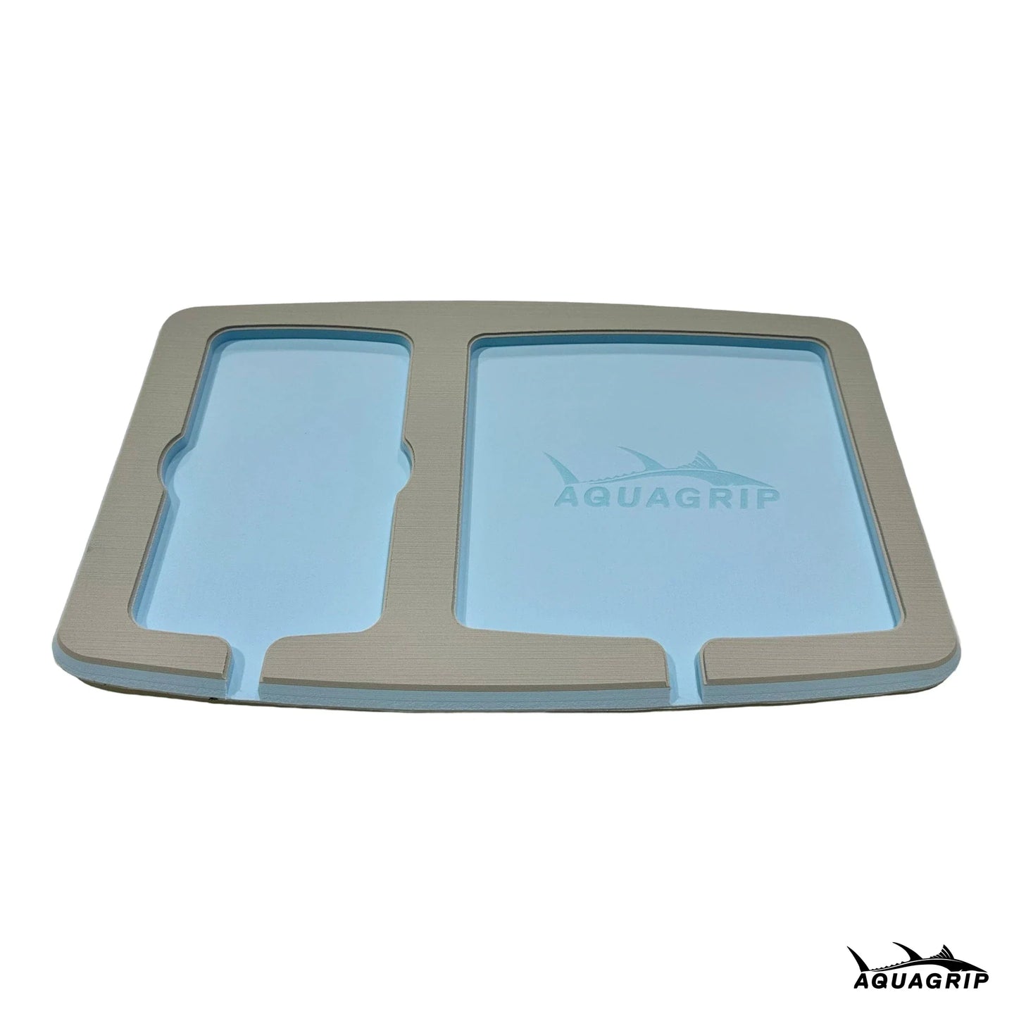 AquaGrip boat dash pad, large 15 x 9.5 in — light gray over ice blue PE/EVA marine foam with integrated drain channel