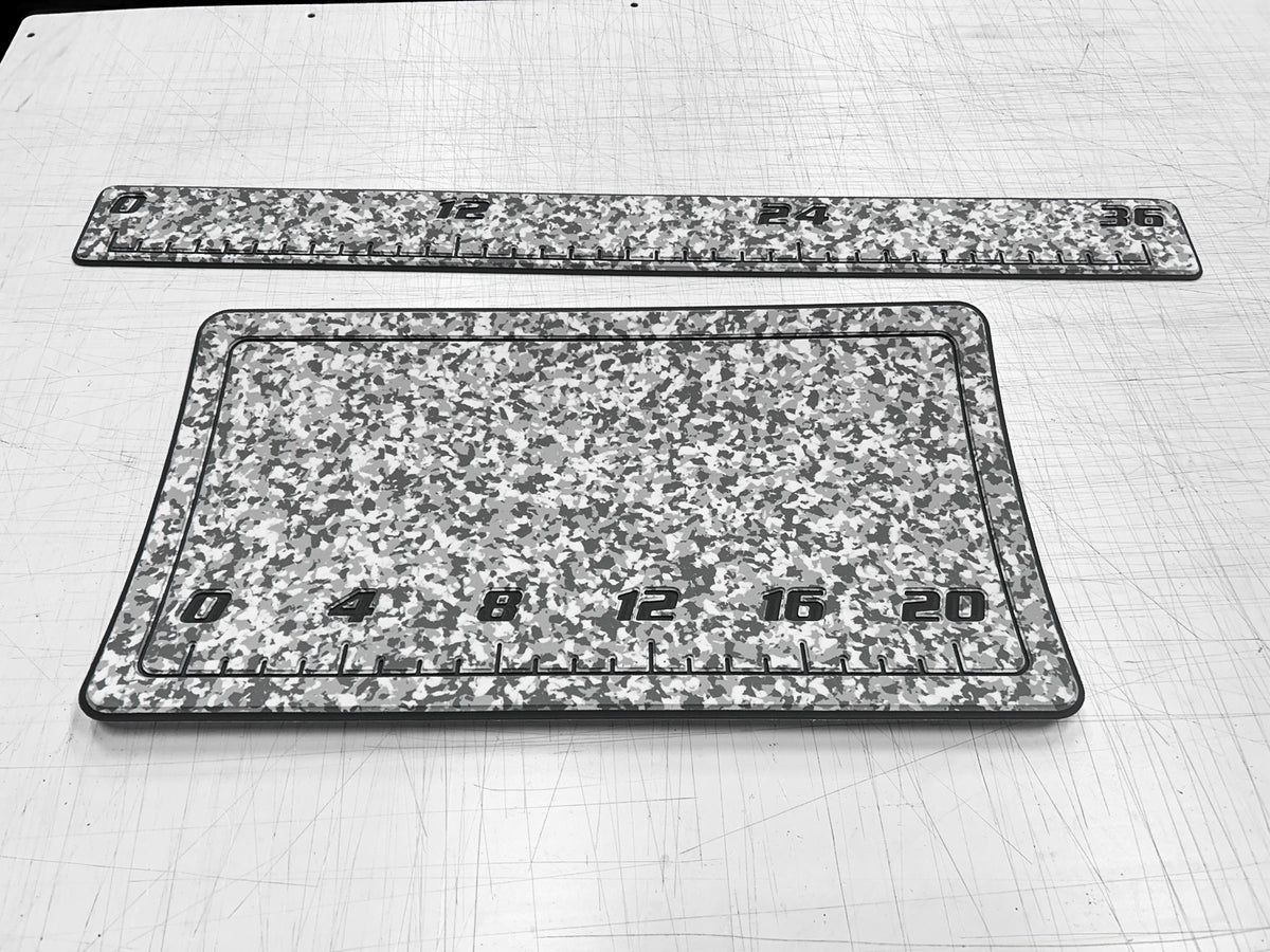 AquaGrip CT custom snow camo cooler pad and 36 inch fish ruler — snow camo PE/EVA foam — flat lay shop photo