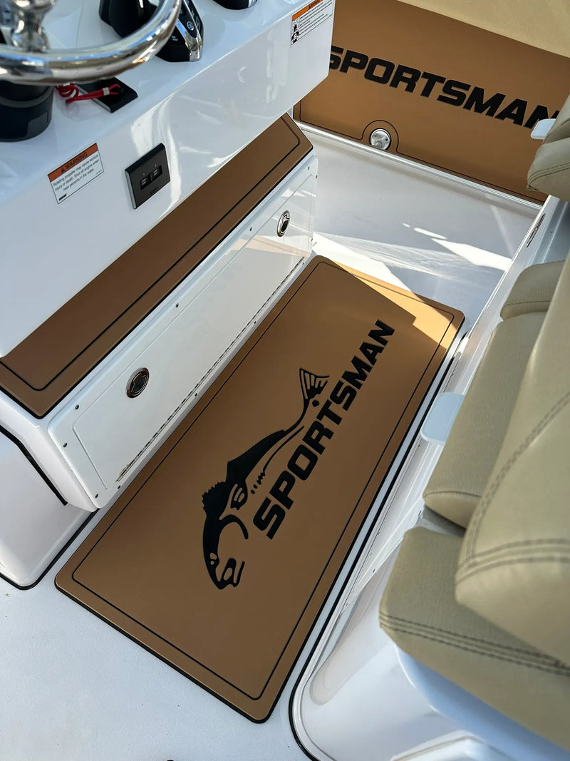 AquaGrip CT custom PE/EVA foam helm pad installed on Sportsman boat — helm station teak design.