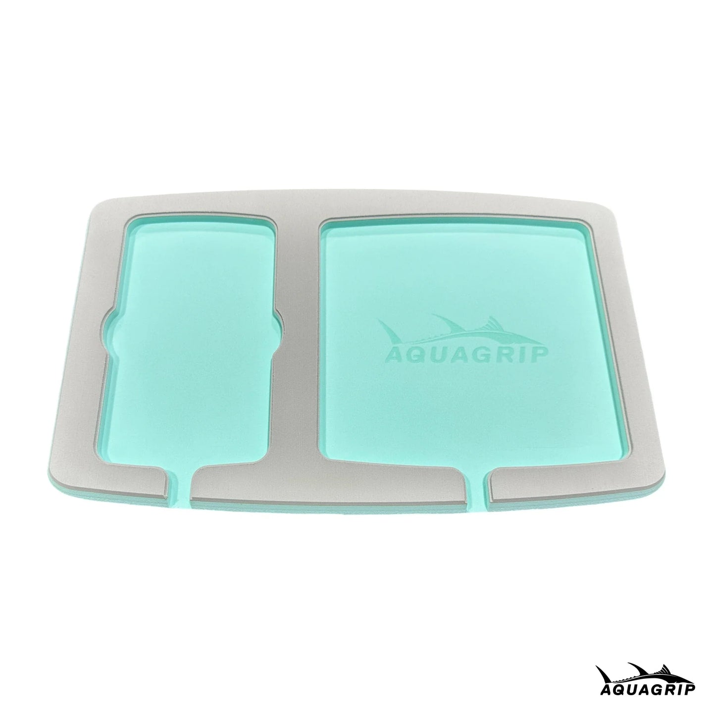 AquaGrip boat dash pad, large 15 x 9.5 in — light gray over seafoam PE/EVA marine foam with integrated drain channel