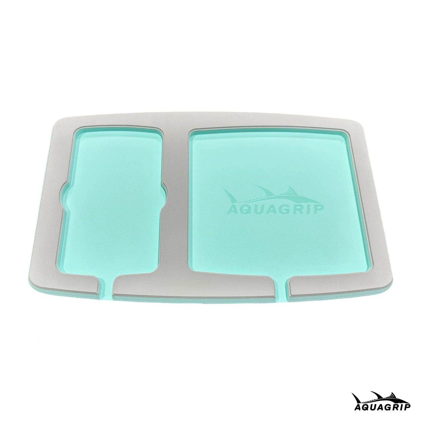 AquaGrip boat dash pad, large 15 x 9.5 in — light gray over seafoam PE/EVA marine foam with integrated drain channel