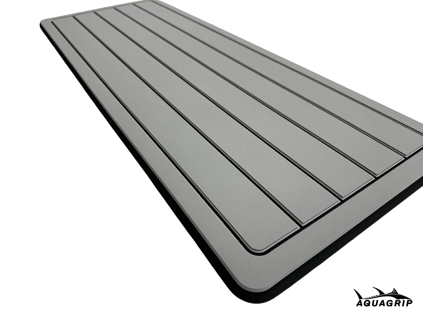AquaGrip EVA foam boat helm pad - medium gray over black teak lines design angled view