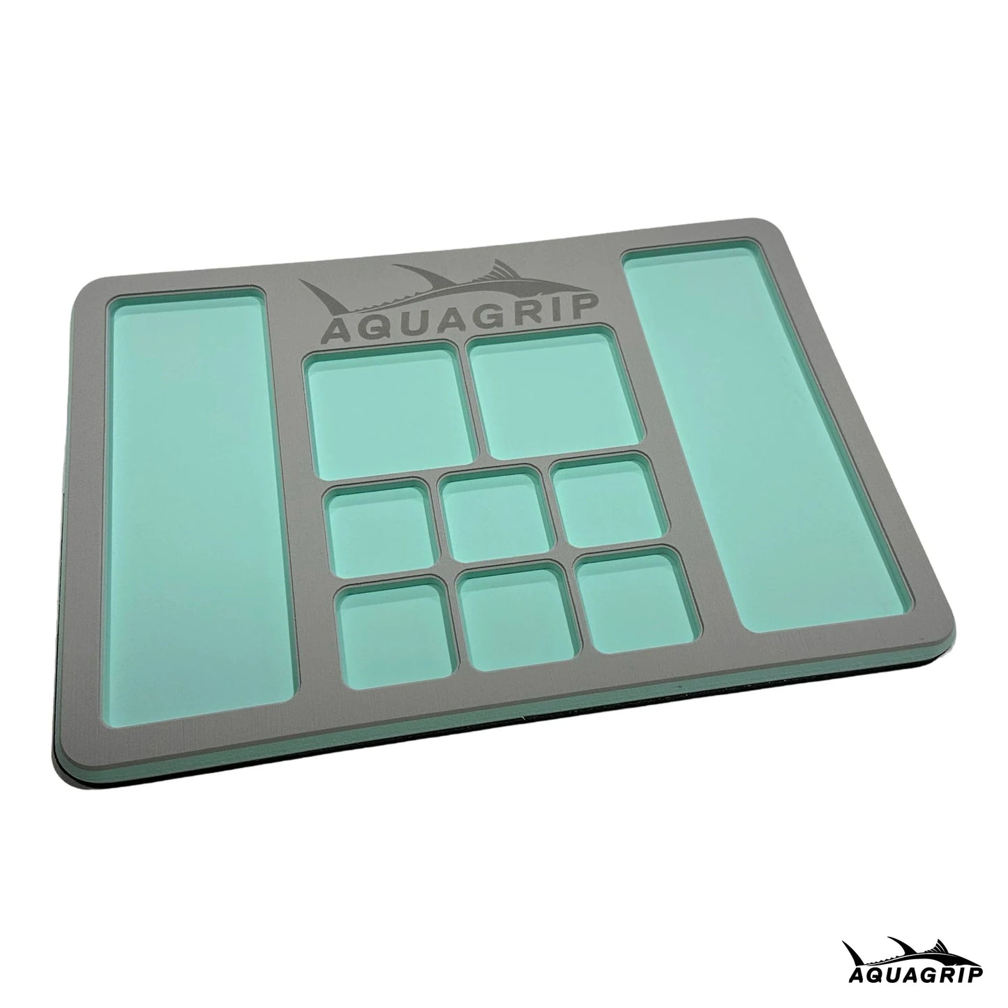 AquaGrip Ultimate Rigging Pad — light gray with seafoam pockets, EVA foam fishing tool mat with rubber backing