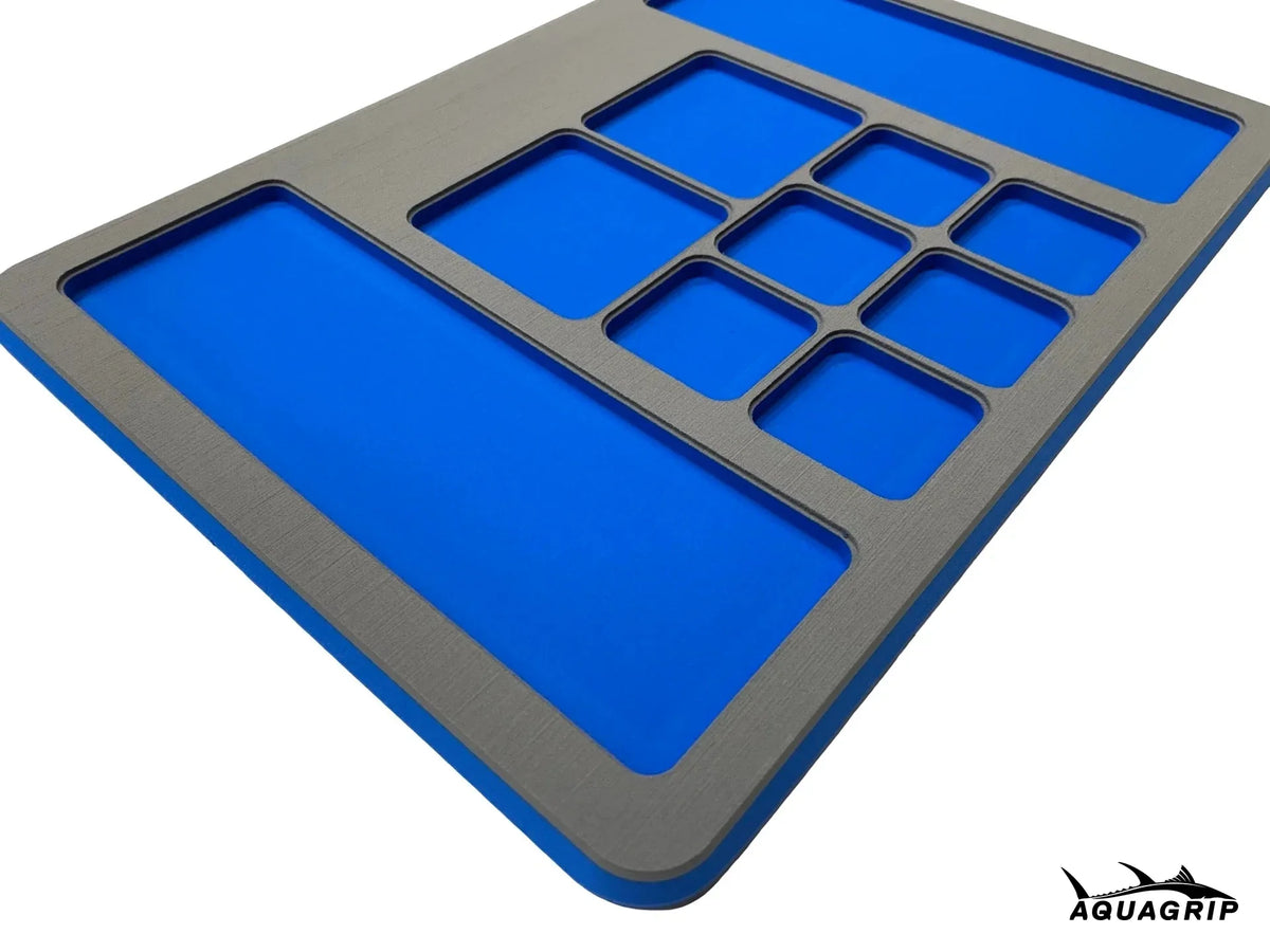 AquaGrip Ultimate Rigging Pad — medium gray with royal blue pockets, EVA foam fishing tool mat with rubber backing
