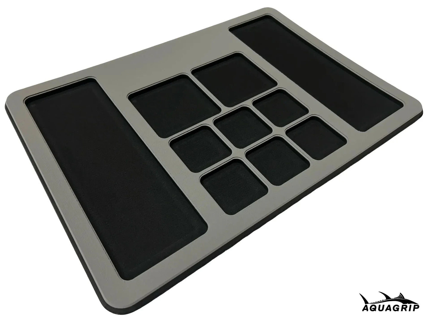AquaGrip Ultimate Rigging Pad — medium gray with black pockets, EVA foam fishing tool mat with rubber backing