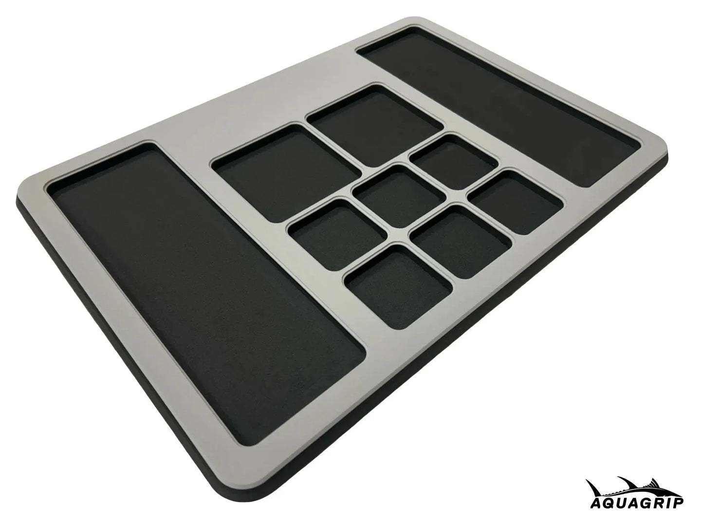 AquaGrip Ultimate Rigging Pad — light gray with black pockets, EVA foam fishing tool mat with rubber backing