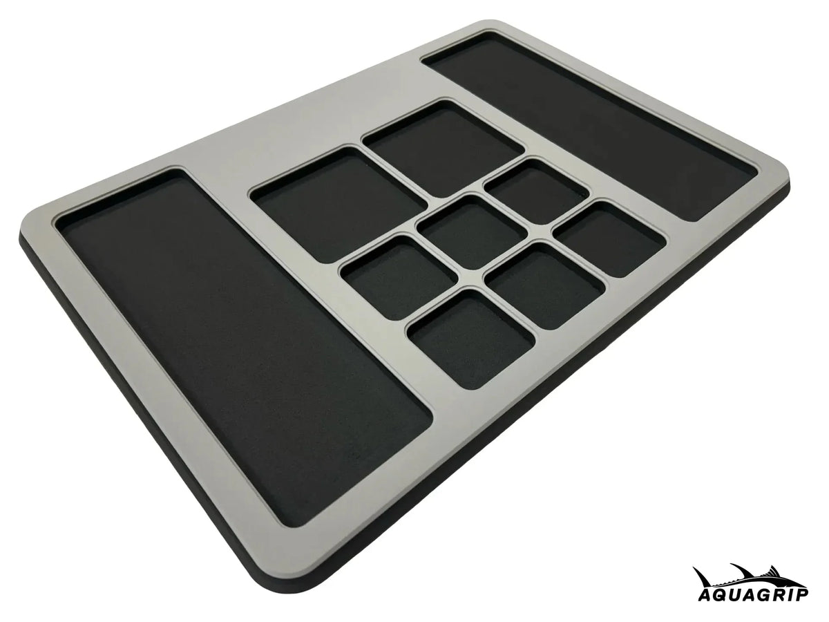 AquaGrip Ultimate Rigging Pad — light gray with black pockets, EVA foam fishing tool mat with rubber backing
