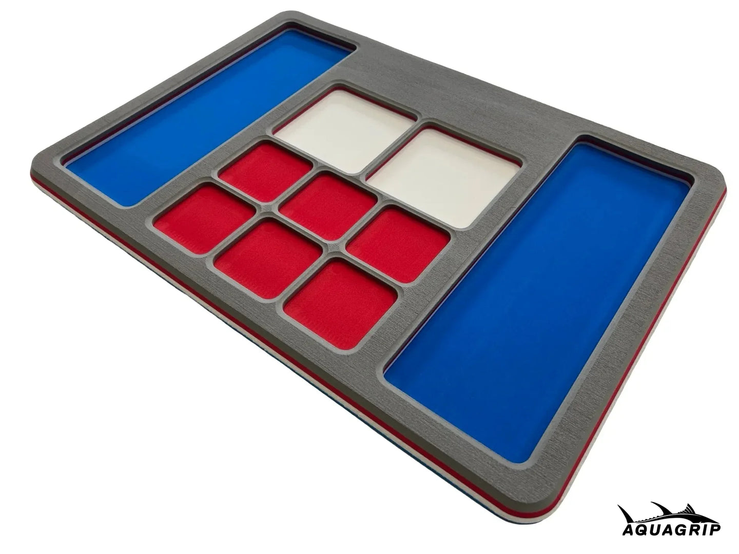 AquaGrip Ultimate Rigging Pad — medium gray with red/white/blue pockets, EVA foam fishing tool mat with rubber backing