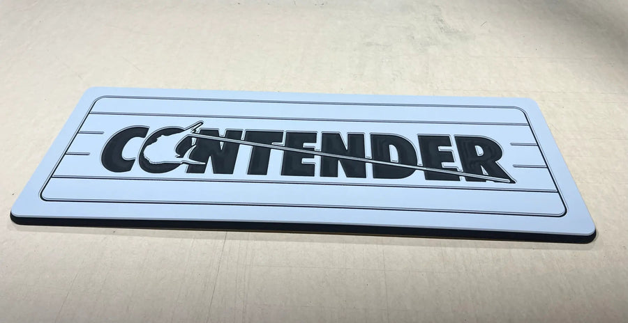 Custom AquaGrip helm pad engraved with the Contender logo, light gray PE/EVA foam with teak lines