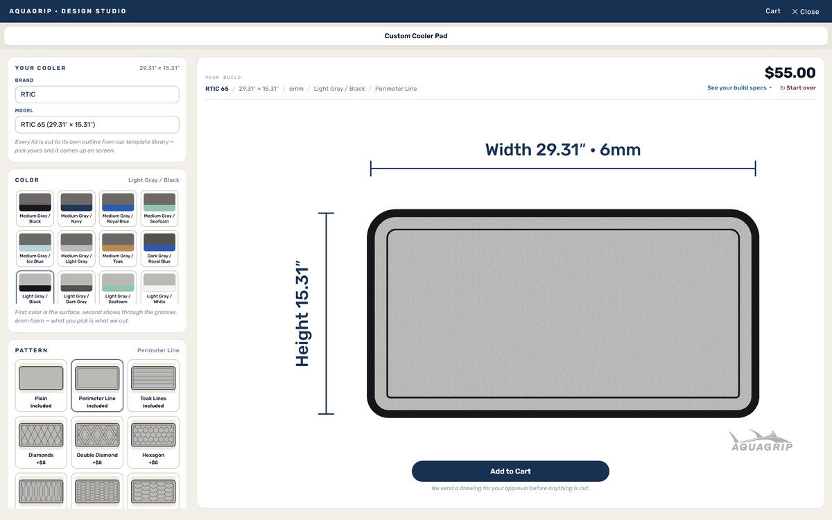 The AquaGrip Cooler Pad Studio building a custom RTIC 65 cooler pad - colors, patterns, the lid outline and the price on screen