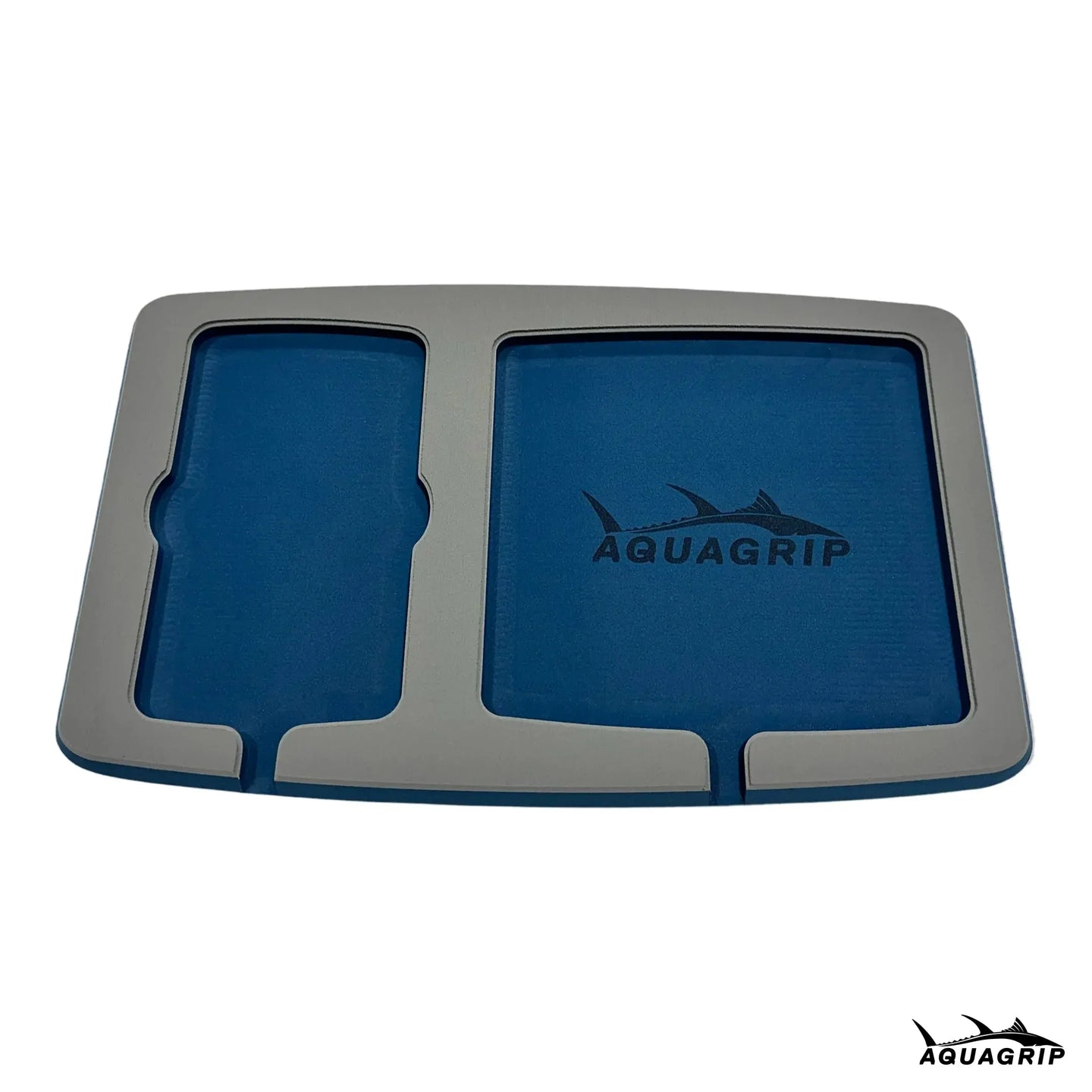 AquaGrip boat dash pad, large 15 x 9.5 in — medium gray over navy PE/EVA marine foam with integrated drain channel