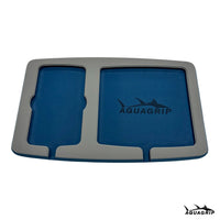 AquaGrip boat dash pad, large 15 x 9.5 in — medium gray over navy PE/EVA marine foam with integrated drain channel