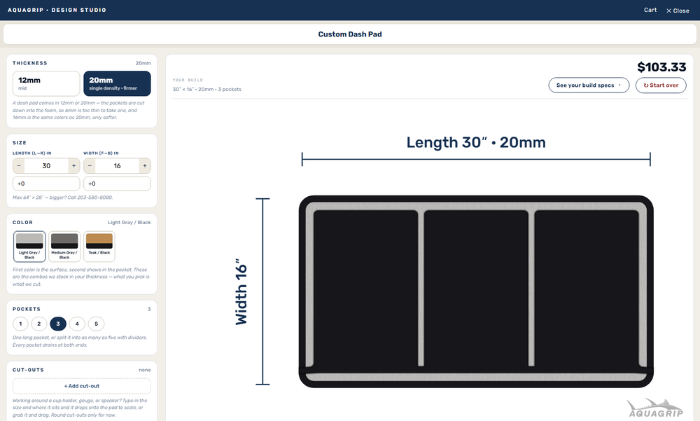 AquaGrip Design Studio: The AquaGrip Dash Pad Studio: set the size, foam, colors, pockets, cut-outs and logo, and see the pad drawn to scale with its price