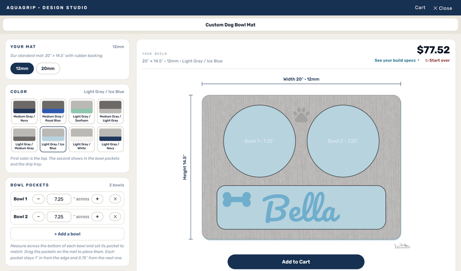 The AquaGrip Dog Bowl Mat Studio building a custom 20 x 14.5 inch dog bowl mat - two bowl pockets, a drip tray with the name Bella, a paw print and a bone, and the price on screen