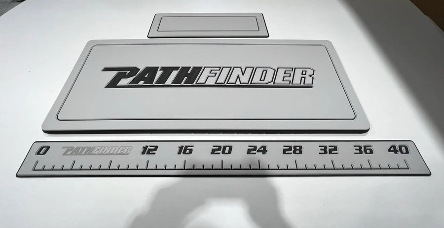 Custom AquaGrip Pathfinder helm pad with a matching engraved fish ruler, light gray PE/EVA foam